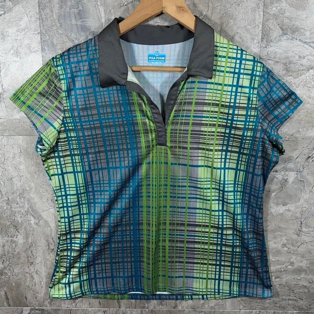 PGA Tour blue & green plaid polo shirt Woman's Size XL #golfwear #polo golfing